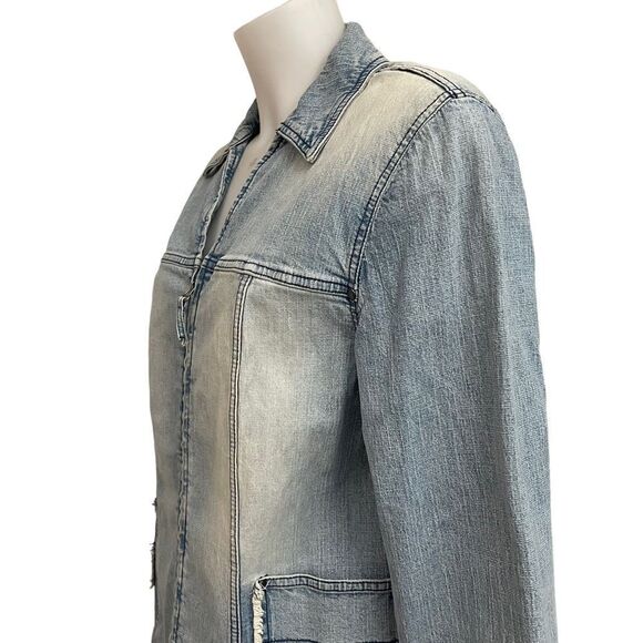 DANA BUCHMAN Women’s Full Zip Acid washed Denim Jacket, fringe hems sz 16 - Picture 3 of 9